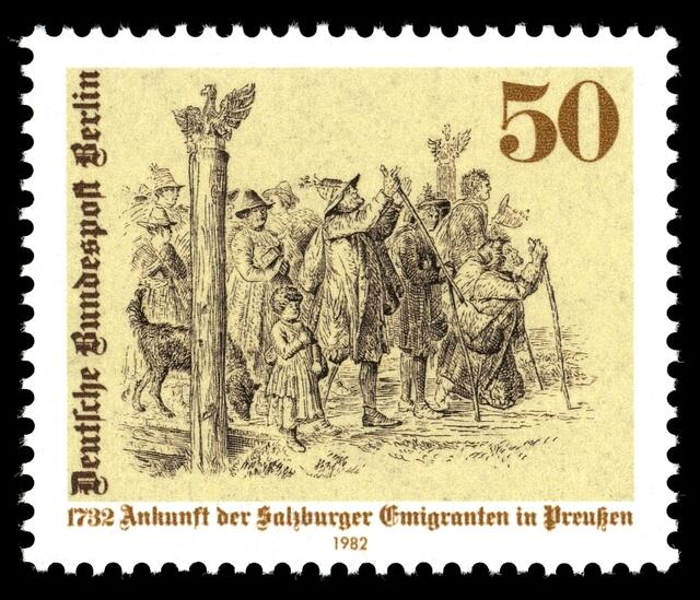 1732 Ankunft der Salzburger Emigranten in Preußen > Sonderbriefmarke Deutsche Bundespost Berlin, 5. Mai 1982 > https://commons.wikimedia.org/wiki/Category:Salzburger_Exulanten?uselang=de#/media/File:Stamps_of_Germany_(Berlin)_1982,_MiNr_667.jpg | Foto: wie vor