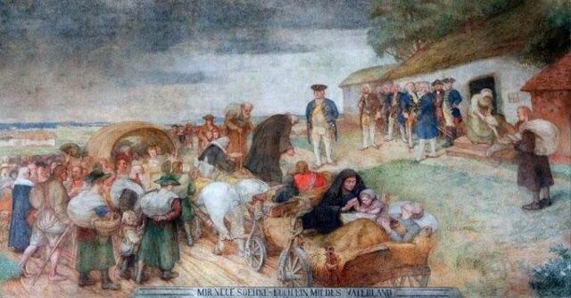 Otto Heichert: Empfang der Salzburger durch Preußenkönig Friedrich Wilhlm I. &gt; Fresko 1912 / 1913 in der Friedrichschule in Gumbinnen, Restaurierung 2008 (heute Landwirtschaftl. Technikum in Gusev) &gt; Titelbild der "facebook"-Gruppe &gt; https://www.facebook.com/groups/salzburgerstadt/ [
ERLÄUTERUNGEN &gt; https://ostpreussen.net/orte/gumbinnen/gumbinnen/das-wiedererstandene-fresko-in-der-friedrichschule/ + https://salzburgerverein.de/empfang-der-salzburger-emigranten/ | Foto: privat