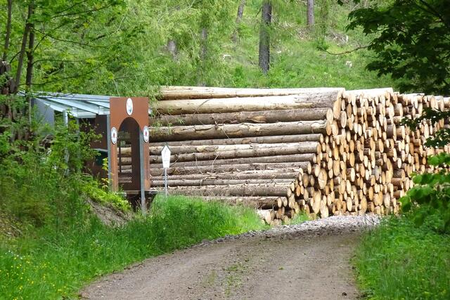 die Holzstapel scheinet die Informationsstelle zu erdrücken