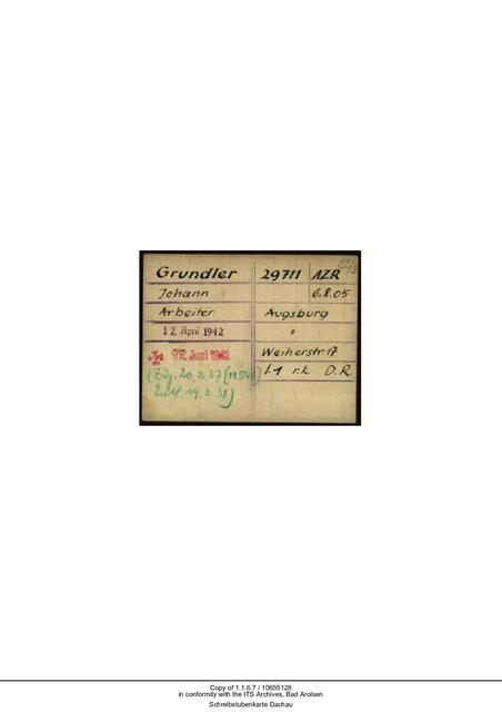 Karteikarte aus der Schreibstube KZ Dachau mit seiner Häftlingsnummer