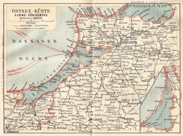 Frisches Haff an der OSTSEE-KÜSTE Elbing - Königsberg - Memel > Quelle: Meyers Reisebücher, "Ostseebäder", Bibliographisches Institut, Leipzig 1910 | Foto: wie vor