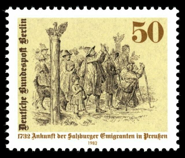 Briefmarke 1982: „1732 Ankunft der Salzburger Emigranten in Preußen“ > gemeinfrei > https://upload.wikimedia.org/wikipedia/commons/f/fd/Stamps_of_Germany_%28Berlin%29_1982%2C_MiNr_667.jpg | Foto: wie vor