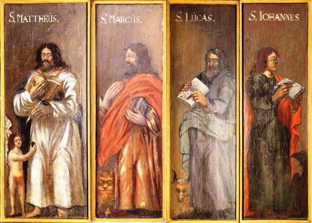 Die vier Evangelisten gelten als die Verfasser des Neuen Testamentes der Bibel.
Auf den Darstellungen zeigen sie jeweils auf ihr Werk.Jedem der Evangelisten ist auch ein Symbol zugeordnet worden.
Der Mensch steht für Matthäus, der Löwe für Markus, der Stier für Lukas und der Adler für Johannes.