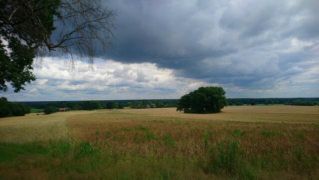Hier drohen Regenwolken: Blick vom Geopfad in die Landschaft.