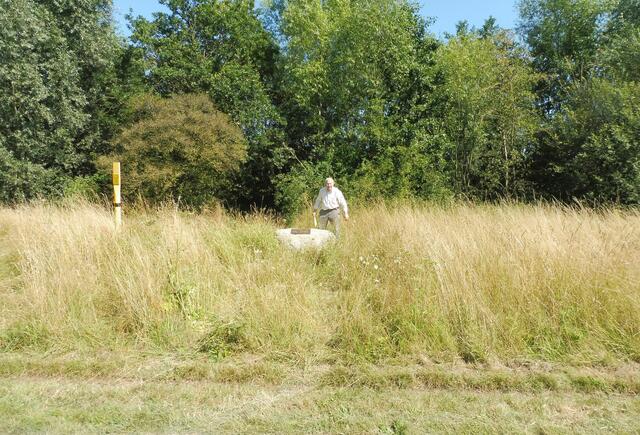 Aufnahme vom Weg, im Vordergrund gemähte Grasflächen, so können Spaziergänger einen Blick auf den Findling werfen bzw. hingehen.