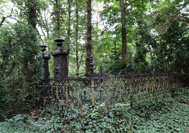 Auf diesem Friedhof haben es Sonnenstrahlen schwer; sie werden meist durch die dichten Bäume abgehalten.