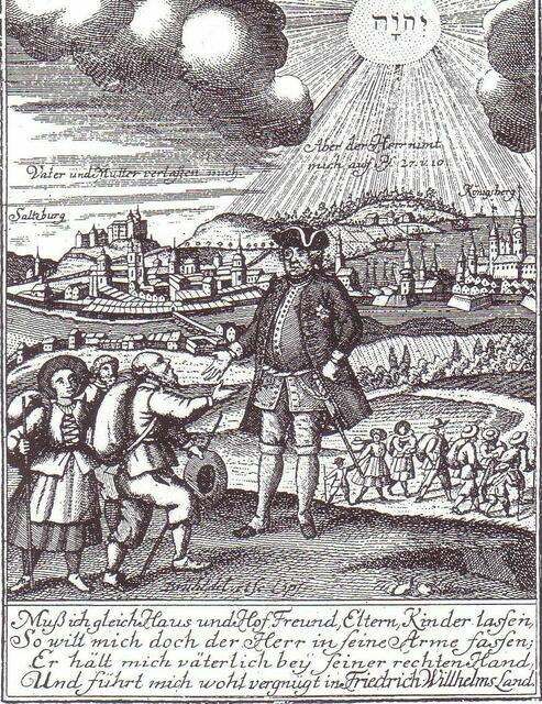 Symbolische Darstellung des Empfangs Salzburger Exulanten in Preußen durch Friedrich Wilhelm I. > Autor unbekannt > gemeinfrei > https://de.wikipedia.org/wiki/1732#/media/Datei:Empfang_der_Salzburger_Exulanten.JPG | Foto: wie vor