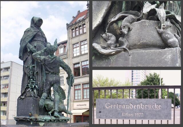 Die Gertraudenbrücke über den Spreekanal. Die Figur zeigt die Heilige Gertraude, wie sie einem durstigen Wanderer ein Getränk reicht.  Der Sockel, auf dem Gertraude steht, wird von bronzenen Ratten und Mäusen gesäumt, wobei das Streicheln der Tiere reichlichen Geldsegen verheißen soll.