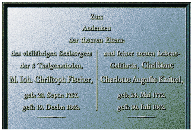 Gusseiserne Grabplatte – historische Erinnerungstafel an Pfarrer Fischer und Gattin, die um 1990 spurlos aus dem Kirchgarten (ehem. Friedhof) verschwunden ist. Format ca. 80 x 60 cm (Rekonstruktionsgrafik).