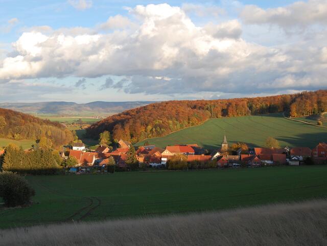 Das Dorf Ellierode mit dem Vogelberg, über dessen Kamm die Römer nach der Harzhorn-Schlacht abzogen. Es war ein geschichtsträchtiges Ereignis, hatte doch die Wissenschaft nach der Varusschlacht nicht mehr mit einem so weiten Vordringen der Römer in östliche Gebiete gerechnet. Nicht selten muss Geschichte neu geschrieben werden.
