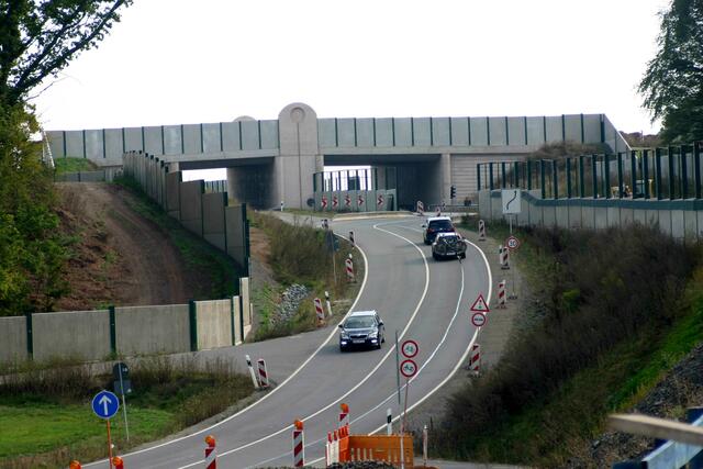 Östlich des FFH-Gebietes wurde für Mittel- und Großsäuger eine 50 m breite Grünbrücke(Volksmund Katzenbrücke) errichtet.