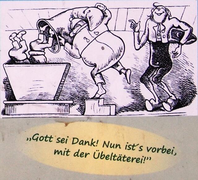 "Jajaja!" rief Meister Böck, "Bosheit ist kein Lebenszweck!" Drauf so sprach Herr Lehrer Lämpel: "Dies ist wieder ein Exempel!" Kurz, im ganzen Dorf herum, ging ein freudiges Gebrumm.