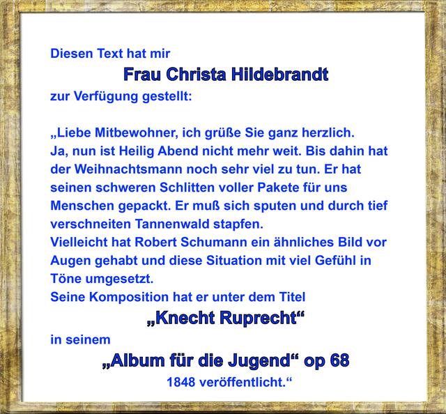 22. Dezember 2020. Frau Christa Hildebrandt im Hauskanal. Bleibt gesund!