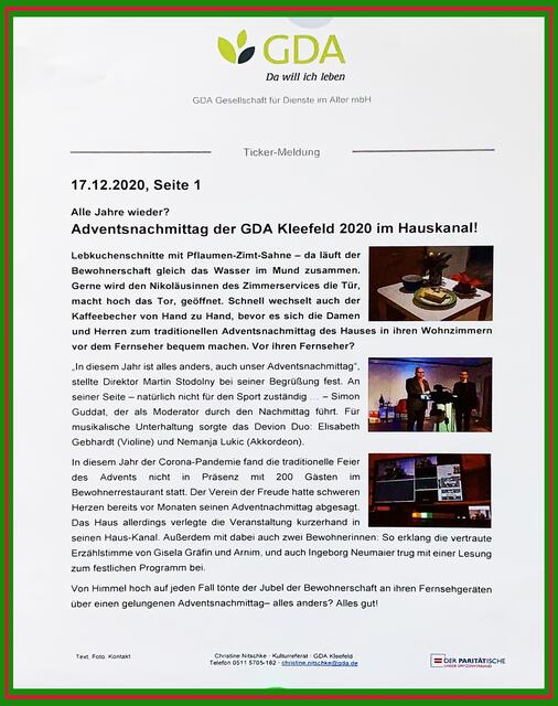 17. Dezember 2020. Adventsnachmittag in unserem Haus-Kanal im GDA Hannover. Bleibt gesund!