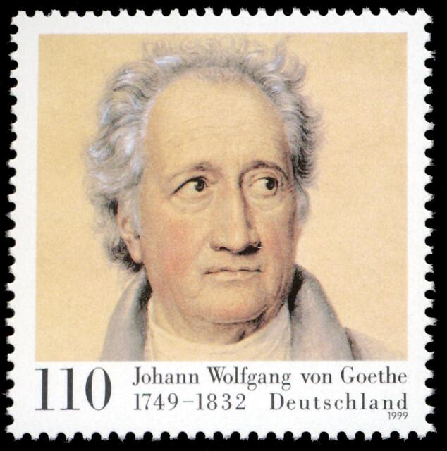 Briefmarke der Deutschen Post AG aus dem Jahre 1999: 250. Geburtstag von Johann Wolfgang von Goethe https://de.wikipedia.org/wiki/Briefmarken-Jahrgang_1999_der_Bundesrepublik_Deutschland#/media/Datei:Stamp_Germany_1999_MiNr2073_Goethe.jpg | Foto: wie vor