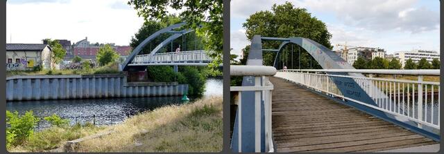 Die Kieler Brücke führt über den Berlin-Spandauer Schiffahrtskanal u. ist nur für Radfahrer und Fußgänger nutzbar. In den 80er-Jahren erwarb der West-Berliner Senat das östliche Ufergelände von der DDR, um einen Spazierweg um den Nordhafen anzulegen. Die Lagerhallen und das Kleingewerbe am Moabiter Ufer müssen derzeit der Großbaustelle "Quartier Heidestraße" weichen.