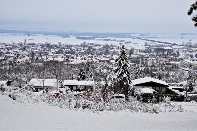 Blick von der Alten Burg, bei normalen Sichtverhältnissen ist die Welterbestadt Quedlinburg im Hintergrund zu sehen