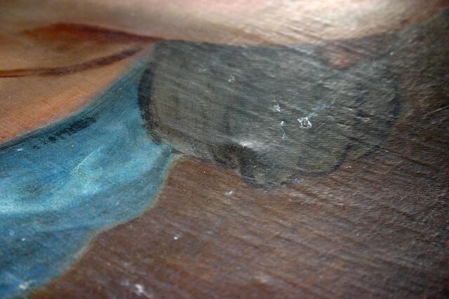 Eine der zahlreichen Fehlstellen am Altarbild "St. Martin mit der Gans", Meisterwerk des berühmten Augsburger Hofmalers Johann Georg Bergmiller aus dem Jahre 1723.