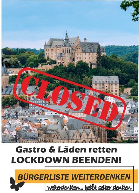 Lockdown beenden! Sterbende Gastronomie und Geschäfte retten. Nicht nur im hier abgebildeten Marburg. | Foto: Bürgerliste Weiterdenken