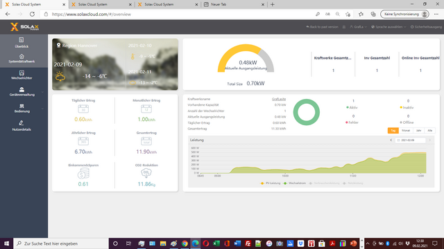 Durch die Sonne ist der Schnee - trotz der Kälte von - 8 °C - von den Solarpanelen abgetaut, und die Stromproduktion läuft munter vor sich hin, mit 0,47 kw, also über 75 % der Maximalleistung der Solarpanels ....