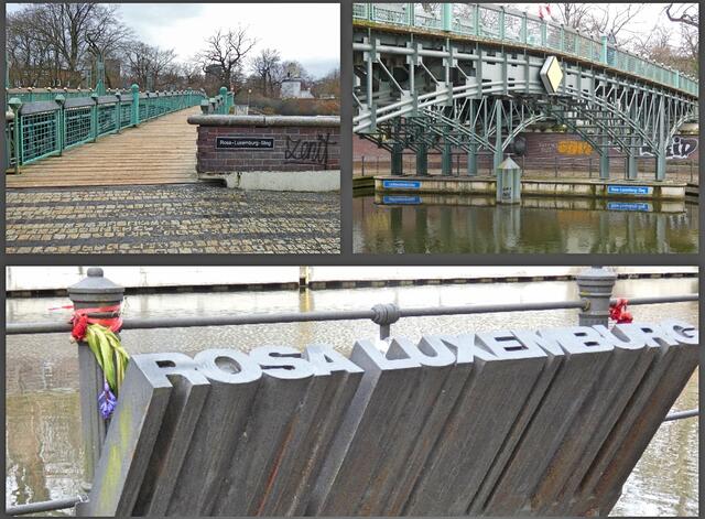 Rosa-Luxemburg-Steg (oben). Unter der Brücke das Denkmal für Rosa Luxemburg, deren Leiche etwa an dieser Stelle in den Landwehrkanal geworfen worden sein soll.