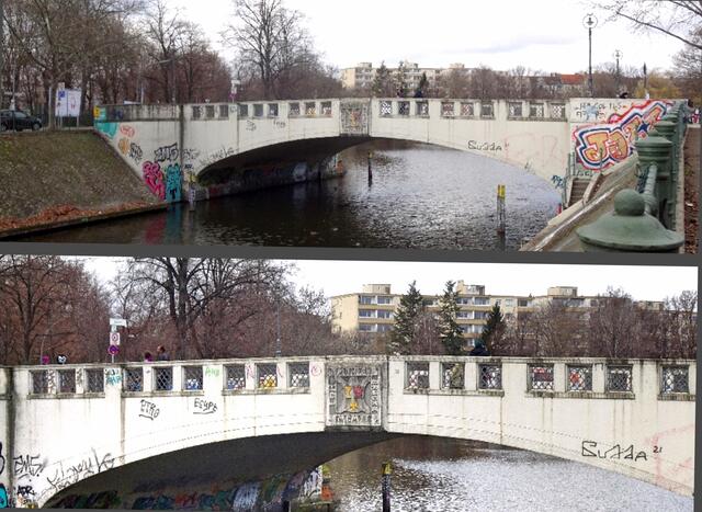 Lohmühlenbrücke über dem Neuköllner Schiffahrtskanal. Nördlich liegt das Dreiländereck, wo Kreuzberg, Neukölln und Treptow aufeinandertreffen. Mit dem Bau der Berliner Mauer quer zur Lohmühlenbrücke wurde die wichtige Verbindung zur Harzer Straße unterbrochen. 1988 wechselte der östlich der Brücke gelegene Lohmühlenplatz durch Gebietstausch zu West-Berlin, wodurch die Brücke saniert werden konnte.