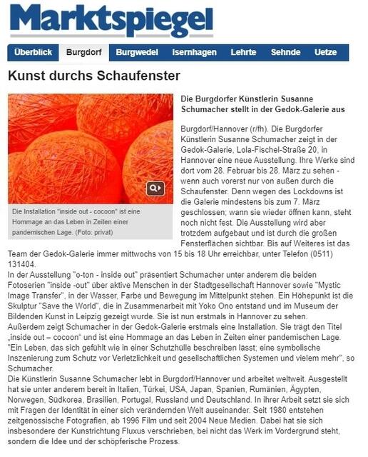 Ein Schöner Bericht im Marktspiegel über die Ausstellung "o-ton - inside out".