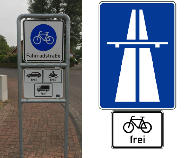 Kfz frei vs. Radfahrer frei: Fahrradstraße vs. Autobahn. Gleichberechtigung durch Schildertausch. Eine Zusammenstellung des http://www.ADFC-Langenhagen.de