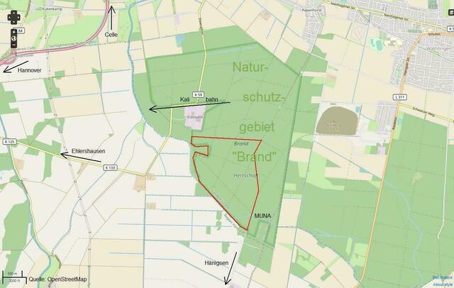 Quelle: OpenStreetMap NSG „Brand“. Die 155 Bombentrichter befinden sich im rot umrandeten Areal.