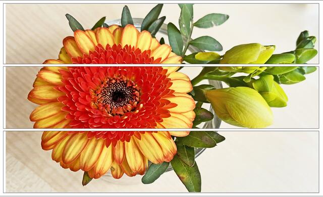 23. April 2021. Tischdekoration. Gerbera. Bleibt gesund!