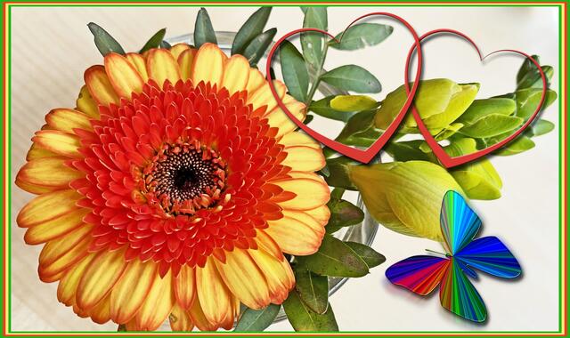 23. April 2021. Tischdekoration. Gerbera. Bleibt gesund!