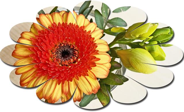 23. April 2021. Tischdekoration. Gerbera. Bleibt gesund!