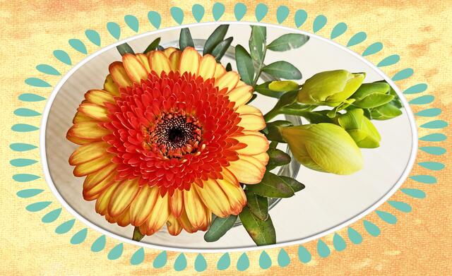 23. April 2021. Tischdekoration. Gerbera. Bleibt gesund!