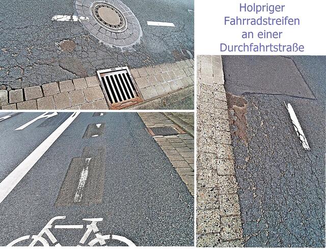 Holpriger Fahrradstreifen an einer Durchfahrtstraße