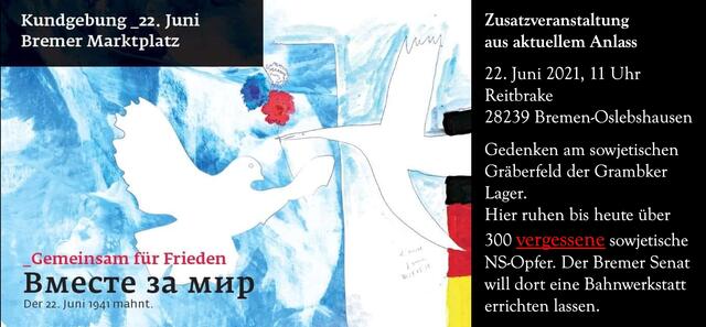 Veranstaltungen in Bremen am 22. Juni, dem 80. Jahrestag des Überfalls der deutschen Wehrmacht auf die Sowjetunion
