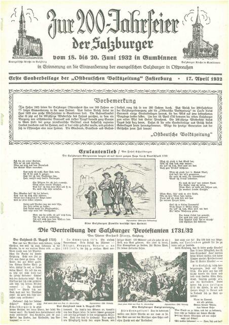 🔶 (D) Ostdeutsche Volkszeitung: Zur 200-Jahrfeier der Salzburger in Ostpreußen 1732-1932. Insterburg 1932 &gt; https://www.myheimat.de/3291817 | Foto: "Ostdeutsche Volkszeitung", Insterburg, 1932