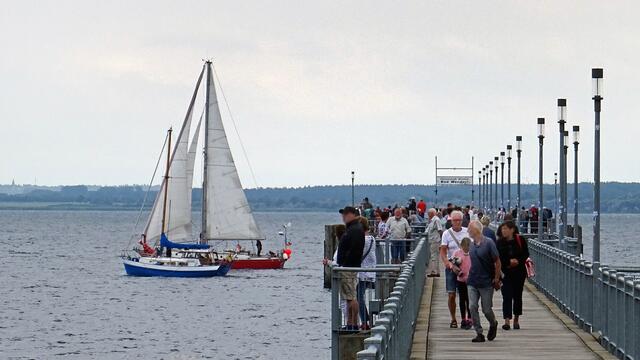 Viele verfolgen von der Seebrücke aus den Start der Ostseeregatta. Foto: Helmut Kuzina