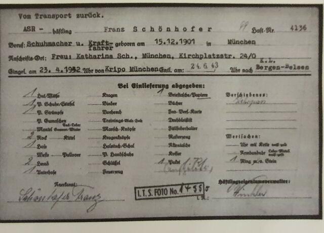 Beispiel: Häftling Franz Schönhofer - Wertsachen-Erfassungskarteikarte | Foto: Arolsen Archives