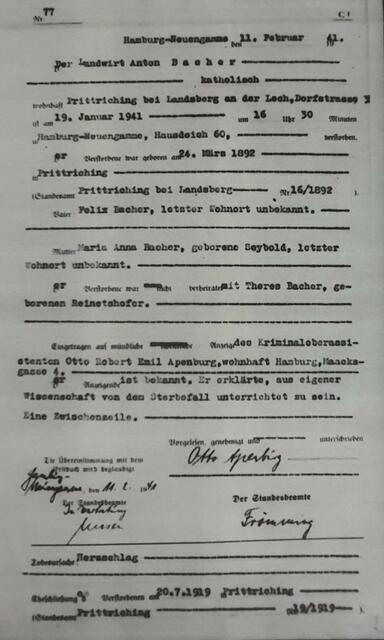 Beispiel - Anton Bacher; Karteikarte Registrierung KZ Hamburg-Neuengamme | Foto: Arolsen Archives