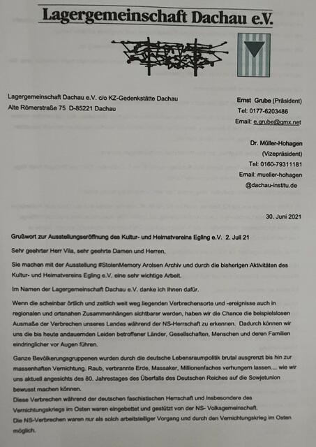 Grußbotschaft der Lagergemeinschaft Dachau (E.Grube/Präsident) Blatt -1- | Foto: Lagergemeinschaft Dachau