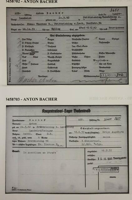 Beispiel: KZ Häftling - Franz Schönhofer, Persönliche besitzerfassung bei Einlieferung: sowie Häftling Anton Bacher; Schutzhaftanordnung nach Strafvollzug | Foto: Arolsen Archives