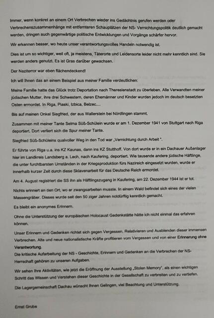 Grußbotschaft der Lagergemeinschaft Dachau (E.Grube/Präsident) Blatt -2- | Foto: Lagergemeinschaft Dachau