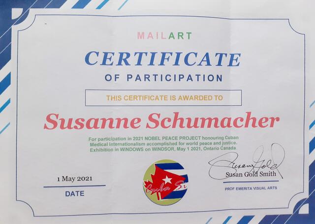 Certifikat - Teilnahme in Canada am Nobel Peace Projekt.