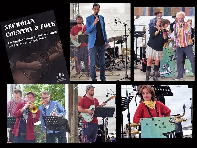 Bezirksbürgermeister Martin Hikel (mit blauem Jackett) ist aufgrund seiner Körpergröße kaum zu übersehen. Er ließ es sich nicht nehmen, nach seiner Eröffnungsansprache auch noch die erste Band anzusagen -  The Flintstones Big Band, die in der Berliner Jazzszene bereits einen Namen hat. Es wurde Folk-Musik aus Griechenland, Lateinamerika und den USA geboten.