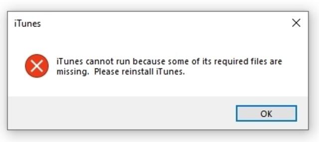 Die Fehlermeldung sagt aus, dass  iTunes nicht ausgeführt werden kann, weil einige der erforderlichen Dateien fehlen. Bitte installieren Sie iTunes neu, heißt es da, was aber derzeit nicht weiterhilft.