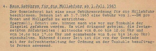 Ab 1.7.1963 betrug die Gebühr für das 50-Liter-Müllgefäß 1,00 DM pro Monat.