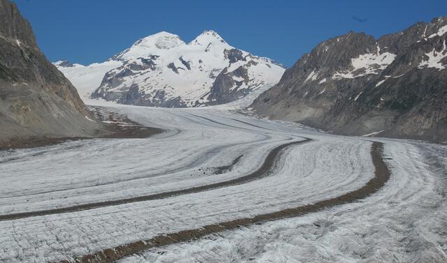 An der breitesten Stelle misst der Aletsch knapp zwei Kilometer. Das Felsgetrümmer der Mittelmoränen, die einst Randmoränen der zuführenden Gletscher waren, wandert pro Jahr rund 200 m talwärts.
