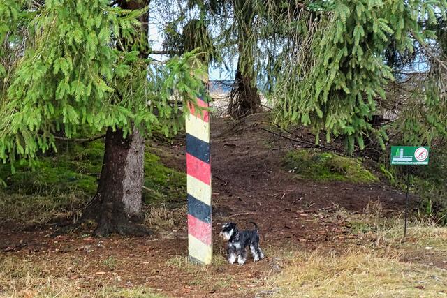 unser Wanderhund zeigt keinen Respekt vor der Grenzsäule