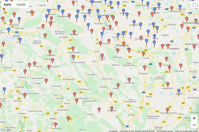 Mühlenstandorte südlich von Hannover