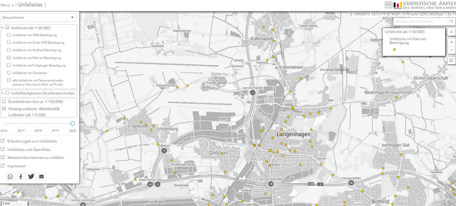 Bild 2. - Die Lage der Verkehrs-Unfälle mit Körperschädigung (tot, schwer-, leichtverletzt) mit Beteiligung Radfahrender im Jahr 2020 in Langenhagen. Quelle: Unfallatlas des Statistischen Bundesamtes DESTATIS https://unfallatlas.statistikportal.de - DIES ist ein Bild unter dem 🚲-Thema "velophil".